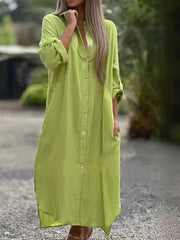 Spring Cotton Linen  Solid Pocket Oversize Shirt Dresses