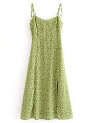Moteriška, žalia, gėlėta, stropinė suknelė, šifoninė suknelė