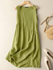 Solid Color Pleated Sleeveless Casual Pocket Women Midi Dress