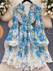 Women V-Neck Spring Holiday Lace Print Mini Dress