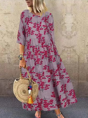 Short Sleeve Floral Print O-neck 3/4 Sleeve Women Maxi Dress