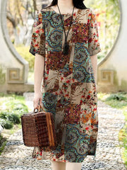 Vintage Floral Print Cotton Linen Half Sleeve Casual Women Midi Dress