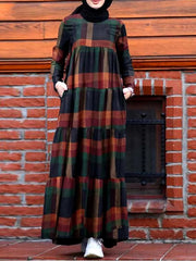 Kaftan Tunic Plaid Print Back Zipper Long Sleeve Maxi Layered Women Maxi Dress