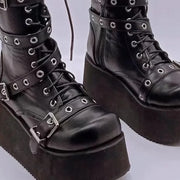 Women Boots Buckle Round Toe Wedges Platform Boots