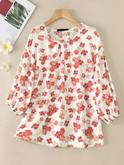 Holidays Floral Blouse Round Neck 3/4 Sleeve Top