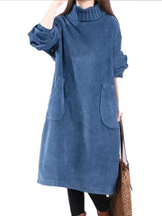 Retro Corduroy Vestidos Velvet High Neck Dress