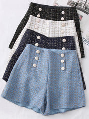 Women Vintage Tweed Waist Wide Leg Shorts