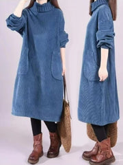 Retro Corduroy Vestidos Velvet High Neck Dress