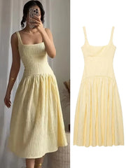 Pleated Slip Midi Dress Women Elegant Party Long Dresses