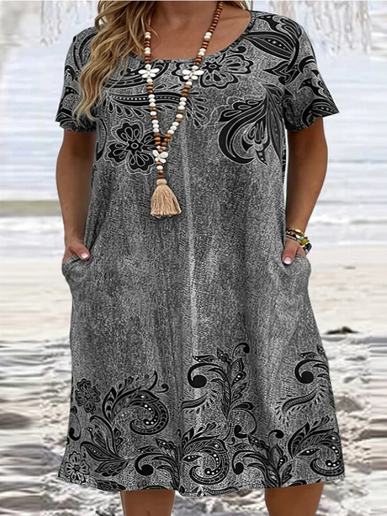 Loose O Neck Pocket Midi Dress 6XL