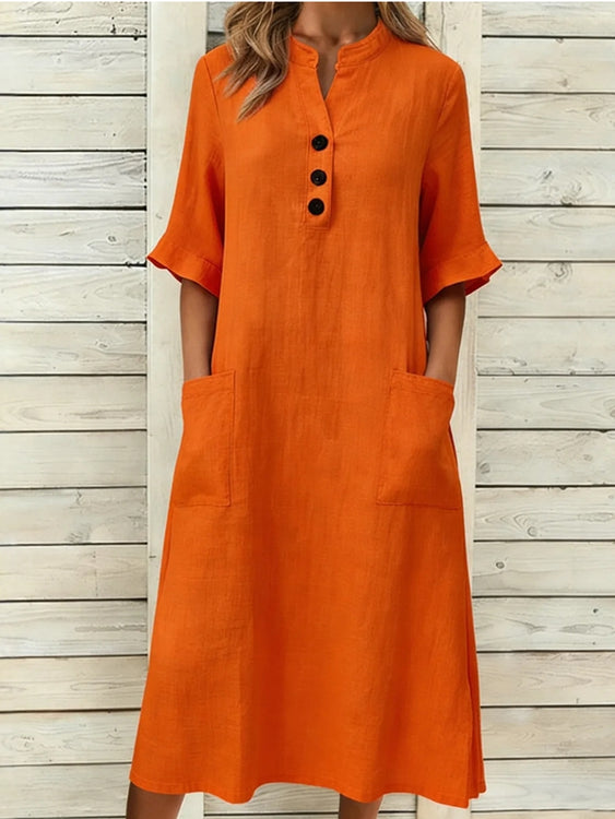 Summer Cotton Linen Stand-up Collar Midi Dress