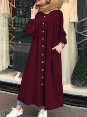 Button Down Front Kaftan Tunic Maxi Dress with Side Pockets