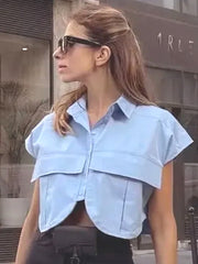 Women Blouse Short Sleeve Button Crop Shirt
