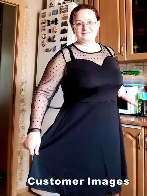 Elegant Black Mesh Sleeve Flare Knee Dress