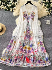 Holiday Chiffon Flare Sleeve Floral Pleated Dress