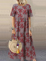 Short Sleeve Floral Print O-neck Women Maxi Dress