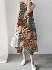 Print Sleeveless Vintage Casual Women Midi Dress