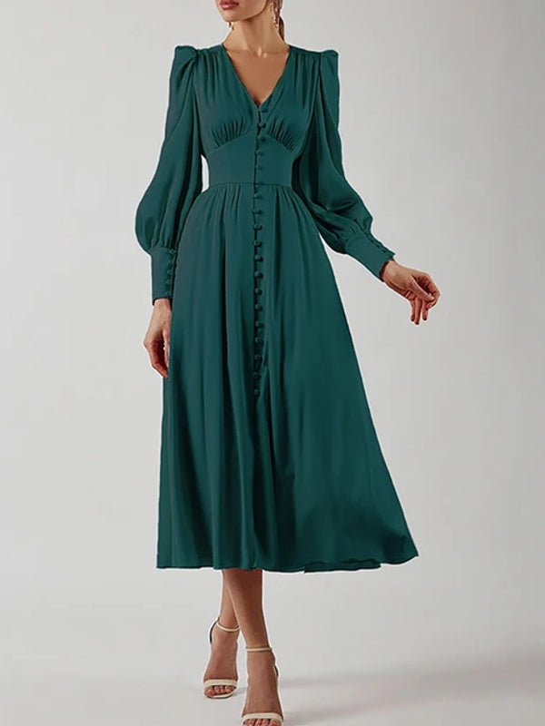 button up long sleeve dress Satin Button Up V-neck Long Sleeve Elegant Women Maxi Dress – Come4Buy eShop
