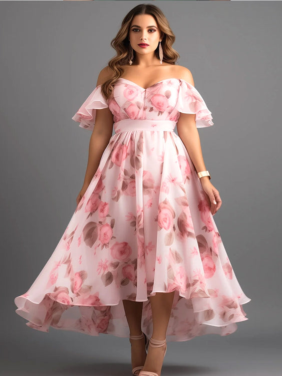 Pink Chiffon Floral Low Hem Maxi Dress 5XL