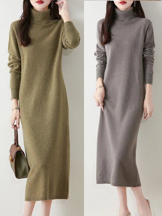 Winter Women Turtleneck Sweater Wool Dress