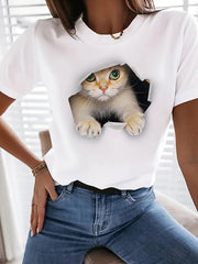 Cute Cat Print Crew Neck T-Shirt