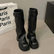 Elegant Black Platform Long Pipe Booties Brown Biker Boots