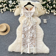 Women Beaded Diamonds Embroidery Evening Midi Dress