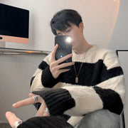 Fashion Knit Sweater O-Neck Patchwork Striped Tops