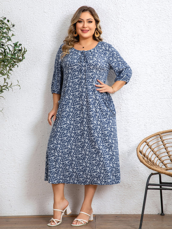 Floral Dress Plus Size Tie Round Neck 5XL