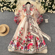 Retro Floral Print Bandage Lace Up Wrap Long Dress