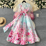 Women V-Neck Gorgeous Flower Long Party Wrap Dress