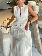 Zipper Long Dress Women Pleated Sleeveless Bodycon Dress