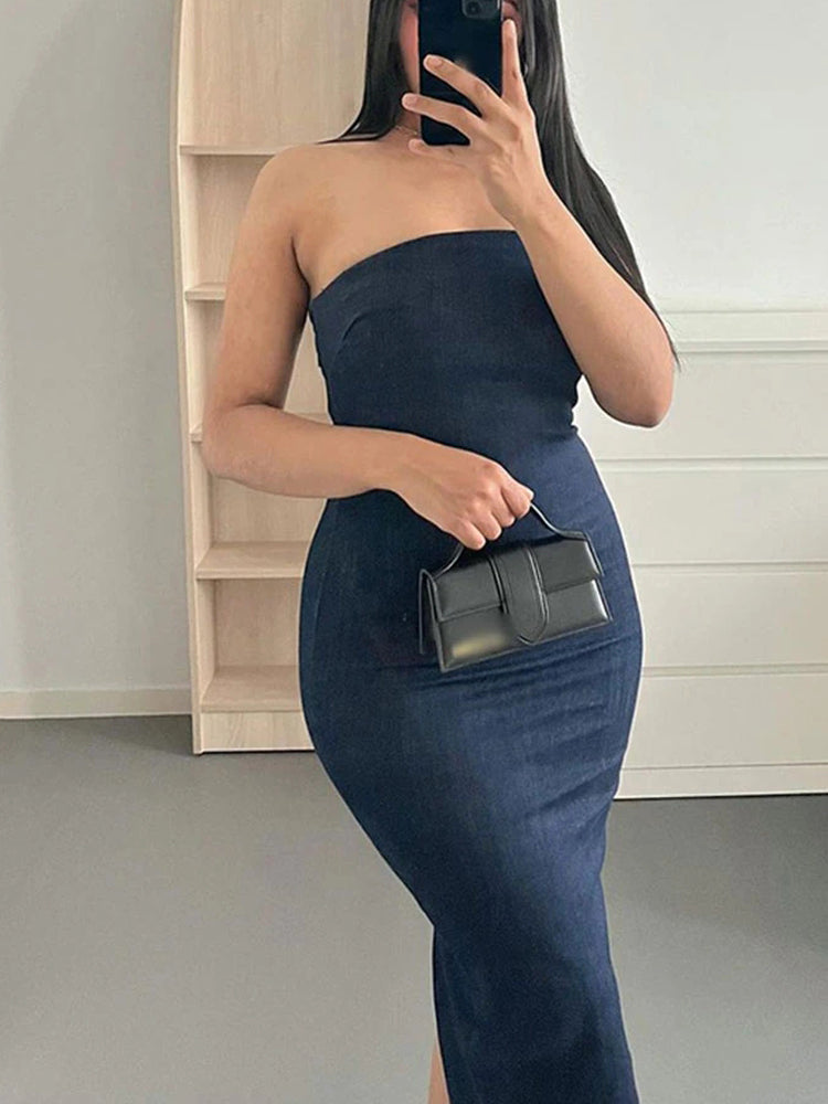 Elegant Off Shoulder Denim Corset Long Dress Women – Come4Buy eShop
