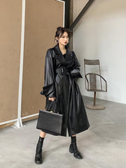 Long Oversize Leather Trench Coat For Women