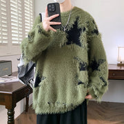 Ripped Sweater Men Loose Crew Neck Knit Bottom Shirt