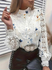 Elegant Office Ladies White Collared Lace Blouse