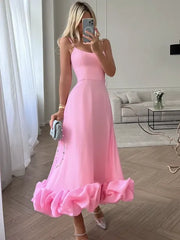 Women Spaghetti Strap A-line Ruffles Pink Evening Dresses