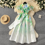 Summer Ruffles Sleeve Lace Up Bow Belt Evening Party Dress