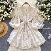 Summer Women V Neck Lantern Sleeve Mini Dress