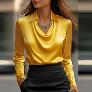 Elegant Woman Swing Collar Draped Satin Shirts