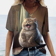 Women V-Neck Top Cats Print Shirt Tee