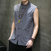 Vintage Linen Vests Mens Sleeveless Cardigan Blouse