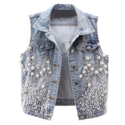 Women Denim Vest Pearls Waistcoats