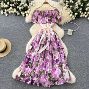 Women Sexy Off Elastic Waist Floral Boho Chiffon Dress