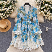 Women V-Neck Spring Holiday Lace Print Mini Dress