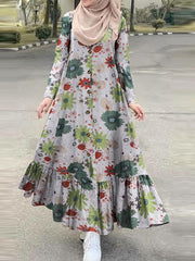 Cotton Floral Print Ruffles Hem Henry Neck Bohemian Long Sleeve Women Maxi Dress