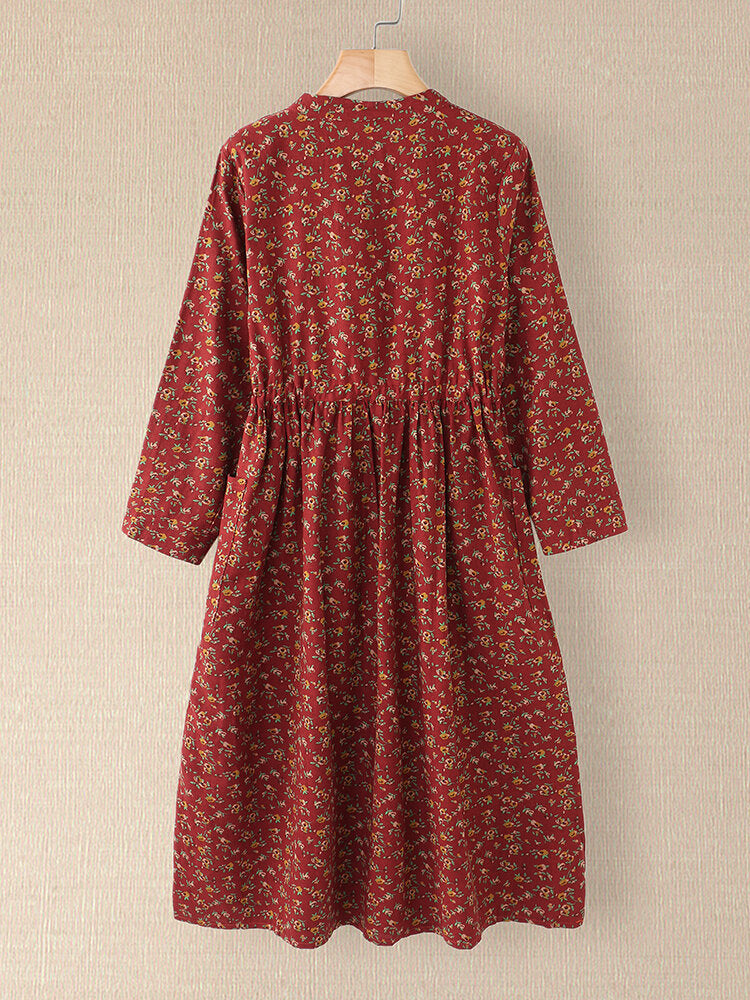 Floral Print Button Collar Drawstring Cotton Casual Pockets Women Midi – Come4Buy eShop