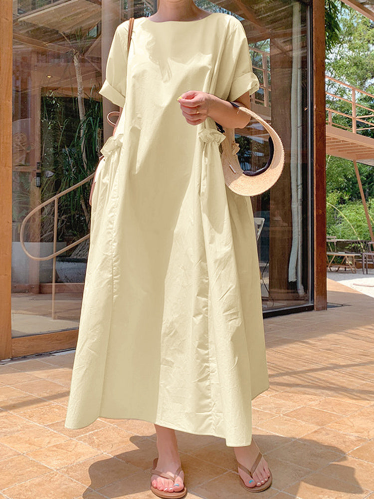 Casual Solid Color Round Neck Pleated Pocket Plain Maxi Dress – Come4Buy eShop