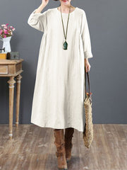 Cotton Solid Tie Back Round Neck Long Sleeve Casual Women Midi Dress