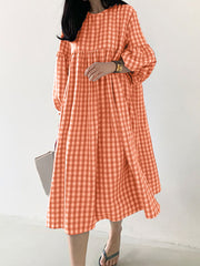 Plaid Puff Sleeve High Waist Bohemian Casual Loose Women Midi Dress